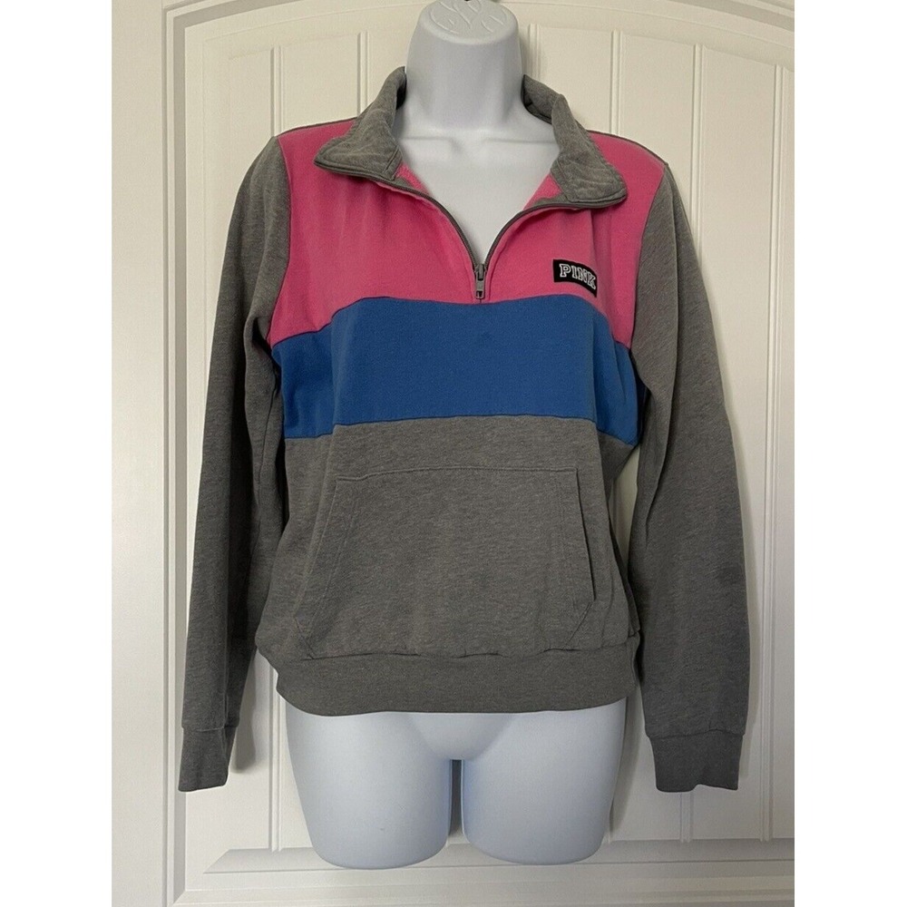 Victoria's Secret Pink Fleece Sweater Size M Color Block 1/4 Zip Retro Pullover